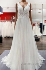 Long A-line Tulle V Neck Open Back Appliques Lace Wedding Dresses