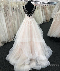 Long A-line Tulle V Neck Open Back Layered Wedding Dresses