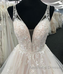 Long A-line Tulle V Neck Open Back Layered Wedding Dresses