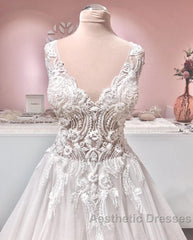 Long A-line V-neck Appliques Lace Backless Tulle Ruffles Wedding Dresses