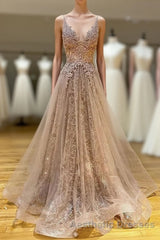 Long A-line V-neck Lace Tulle Evening Prom Formal Graduation Evening Prom Dresses