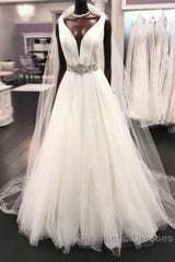 Long A-line V Neck Satin Tulle Wedding Dresses