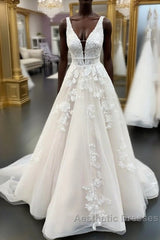 Long A-line V-neck Tulle Appliques Lace Wedding Dresses