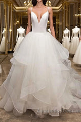 Long A-line V-neck Tulle Backless Wedding Dresses