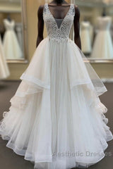 Long A-line V-neck Tulle Lace Wedding Dresses