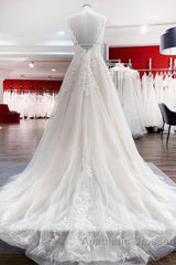 Long A-line V-neck Tulle Sleeveless Appliques Lace Backless Wedding Dresses