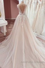 Long A-Line V-neck Wide Straps Appliques Lace Tulle Wedding Dresses
