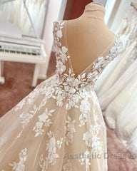 Long A-Line V-neck Wide Straps Backless Appliques Lace Tulle Wedding Dresses