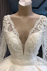 Long Ball Gown Satin V-neck Wedding Dresses with Sleeves