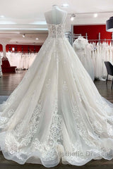 Long Ball Gown V-neck Spaghetti Straps Tulle Lace Wedding Dresses