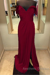 Long Chiffon V-Neck Off Shoulder Formal Dresses Leg Slit Bridesmaid Dresses