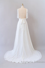 Long Empire A-line V-neck Lace Chiffon Open Back Wedding Dresses