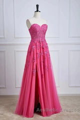 Long Fuchsia Evening Prom Dresses Strapless A-Line Floral Formal Wear Slit