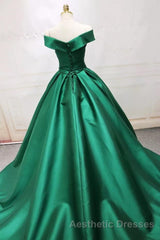 Long Green Satin V-neck Ball Gowns Evening Prom Dresses Off The Shoulder