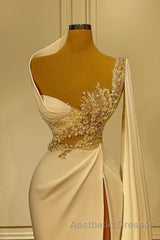 Long Mermaid Asymmetrical Ruffles Beading Satin Evening Prom Dresses With High Slit