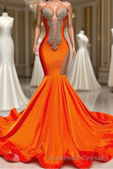 Long Mermaid Deep Sequined V-neck Stretch Satin Backless Evening Prom Dresses with Appliques