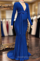 Long Mermaid Deep V-neck Pregnant Formal Evening Prom Dresses with Sleeves