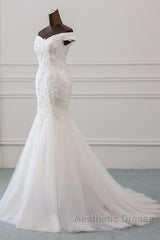 Long Mermaid Off Shoulder Lace-up Applique Lace Wedding Dresses