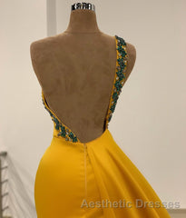 Long Mermaid One Shoulder Beading Backless Evening Prom Dresses with Slit