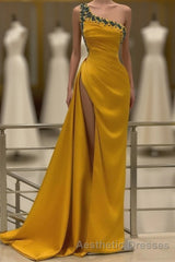 Long Mermaid One Shoulder Beading Backless Evening Prom Dresses with Slit