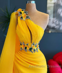 Long Mermaid One Shoulder Beading Tulle Evening Prom Dresses with Slit