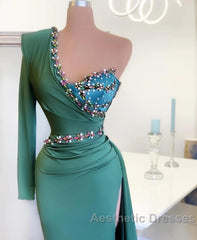 Long Mermaid One Shoulder Front Slit Evening Prom Dresses With Sleeves