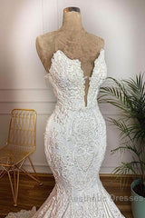 Long Mermaid Strapless Appliques Lace Satin Wedding Dresses