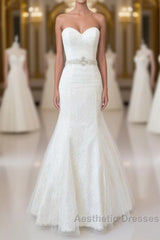 Long Mermaid Strapless Tulle Lace Wedding Dresses