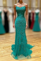 Long Mermaid Strapless Tulle Open Back Lace Formal Evening Prom Dresses