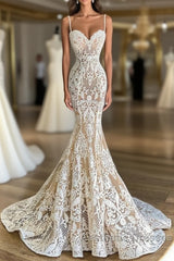 Long Mermaid Sweetheart Spaghetti Straps Appliques Lace Wedding Dresses