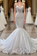 Long Mermaid Sweetheart Spaghetti Straps Tulle Beading Wedding Dresses with Ruffles