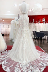 Long Mermaid Tulle Sleeveless Lace Backless Wedding Dresses