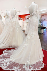 Long Mermaid Tulle Sleeveless Lace Backless Wedding Dresses