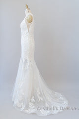 Long Mermaid V-neck Appliques Tulle Lace Wedding Dresses