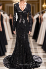 Long Mermaid V-Neck Black Sequins Evening Prom Dresses with Sleeves