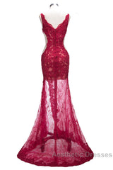 Long Mermaid V-neck Lace Appliques Evening Prom Dresses with Slit