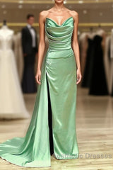 Long Sage Satin Cowl Neck Bridesmaid Dresses
