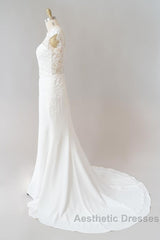 Long Sheath  Illusion Lace Wedding Dresses with Cap Sleeve