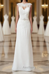 Long Sheath  Illusion Lace Wedding Dresses with Cap Sleeve