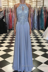 Long Silver Chiffon Evening Prom Dresses Halter Evening Gowns  New Arrival