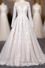 Long Sleeve Appliques Lace Tulle A-line Wedding Dresses