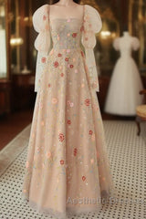 Long Sleeves Champagne Lace Floral Long Evening Prom Dresses, Long Sleeves Champagne Lace Floral Formal Evening Dresses