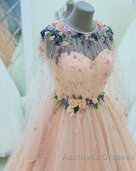 Long Sleeves Evening Dresses Tulle Flowers Beaded