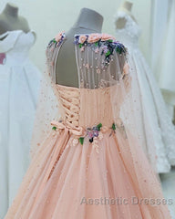 Long Sleeves Evening Dresses Tulle Flowers Beaded