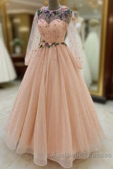 Long Sleeves Evening Dresses Tulle Flowers Beaded