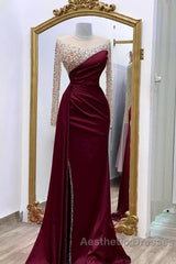 Long Sleeves Evening Prom Dresses Mermaid Satin Split