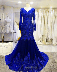 Long Sleeves V-neck Lace Evening Prom Mermaid Dresses,Women Evening Prom Dresses