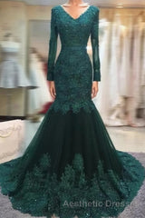 Long Sleeves V-neck Lace Evening Prom Mermaid Dresses,Women Evening Prom Dresses