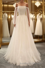 Long Sleeves White Tulle Evening Prom Wedding Dresses, Long Sleeves White Tulle Formal Evening Dresses