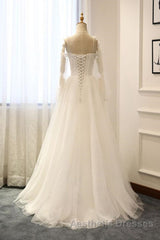Long Sleeves White Tulle Evening Prom Wedding Dresses, Long Sleeves White Tulle Formal Evening Dresses